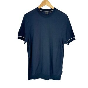 BOSS Mens Short Sleeve‎ Knit Sweater Navy Blue White Trim Crew Neck Size L